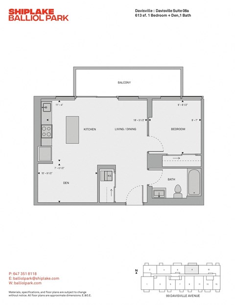Floor plan for 1 bed, 1 bath, 613 sqft
